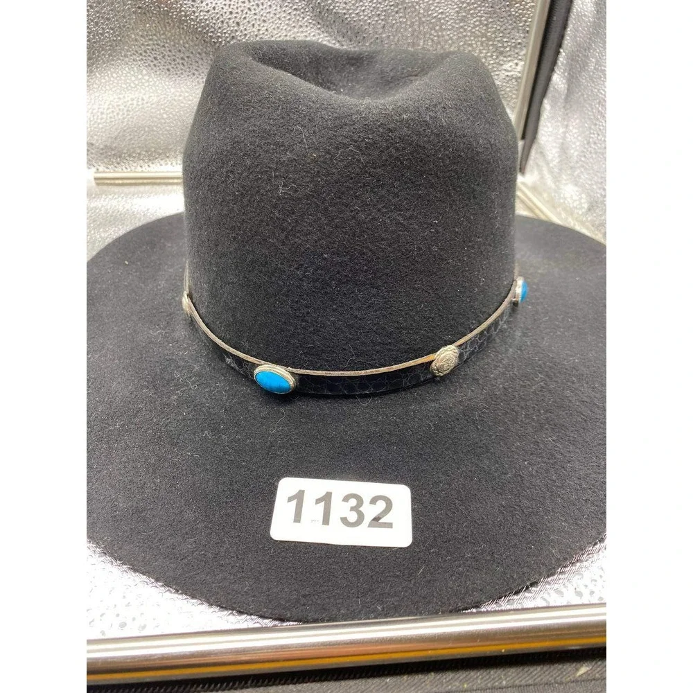 Bee Hat Co Cowboy‎ Hat Mens 7 1/4 Black Felt Turquoise Concho Wide Brim Western